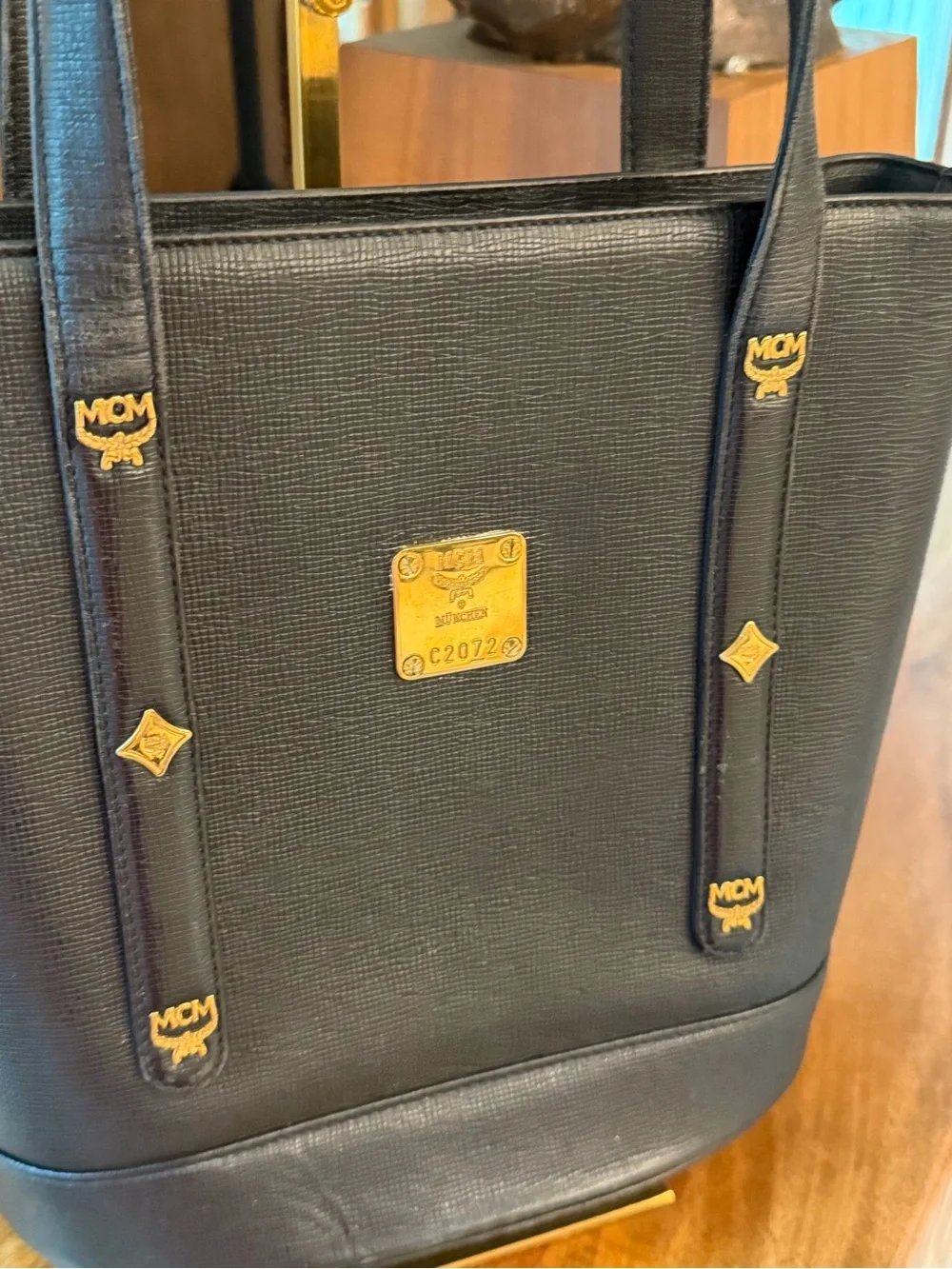 MCM Black Leather satchel zipper Tote with Gold charms + gold Logo Plaque C2072